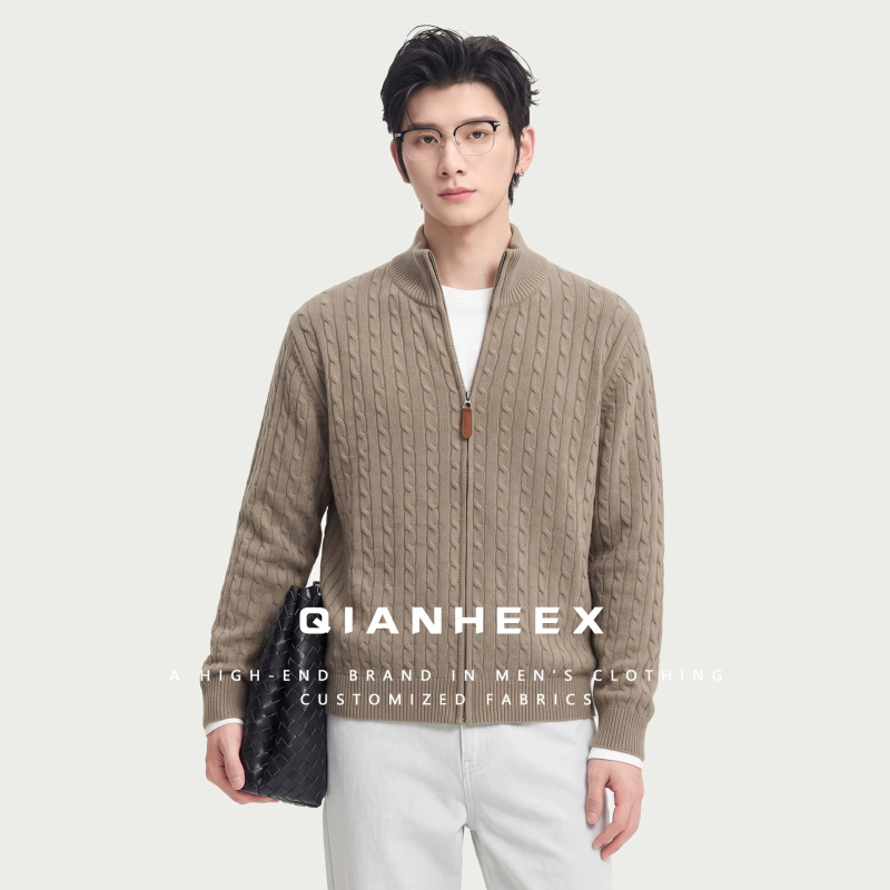 Old Money Style Men's Stand Collar Zipper Cardigan Autumn Winter Cable Knit Sweater Jacket Commute Casual Knit Top
