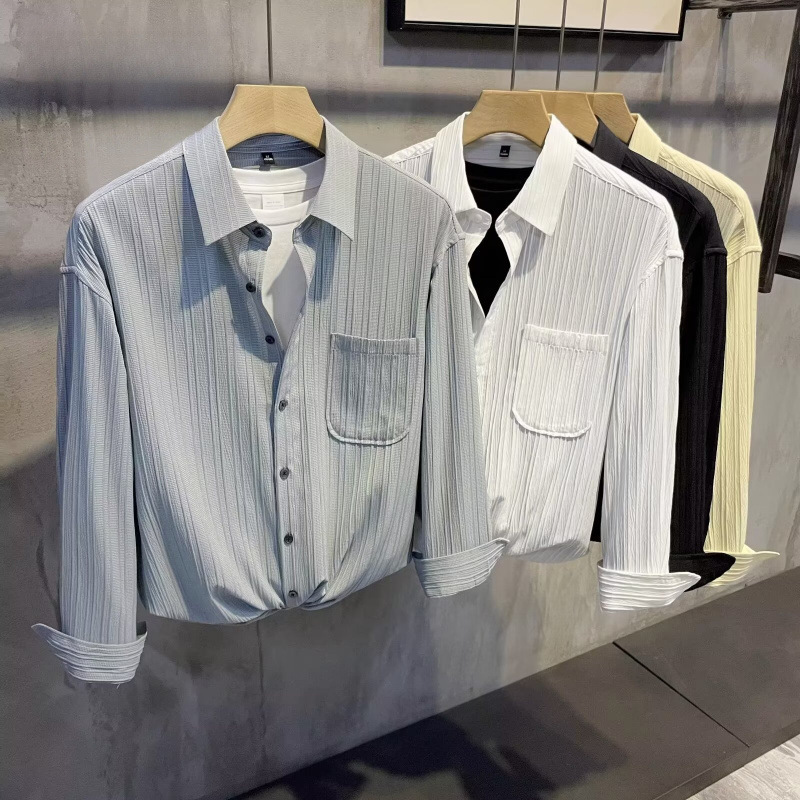 Korean Style High-End Leaf Wrinkle Texture Lapel Long-Sleeved Shirt Men's Spring & Fall Loose Versatile Shirt Jacket Export