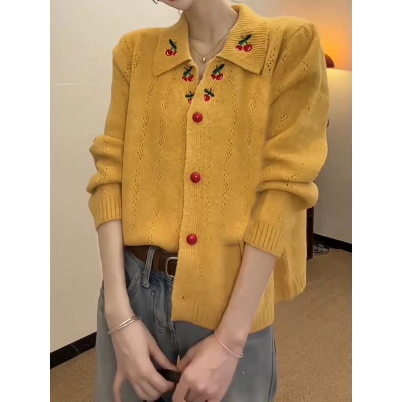 Embroidered Cherry Blue Sweater Jacket Autumn and Winter Thickened New Style Gentle Style Lapel Age-Reducing Knitted Cardigan for Women