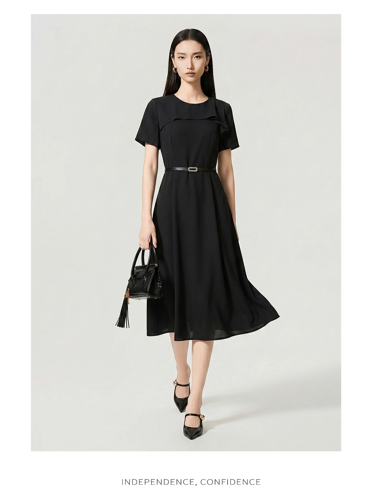 Đầm maxi nữ thắt eo chất liệu chiffon, cổ phiêu bèo nhún, tay ngắn — màu đen chi tiết 20