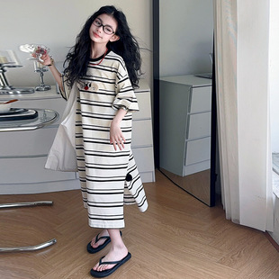 Girls' Striped Slit Nightgown Summer Medium and Large Kidsren's Casual Short-Sleeved Cartoon Home Clothes Korean Style Outer Dress