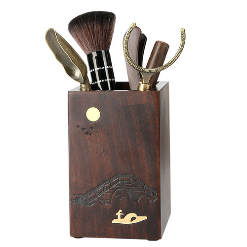 Black Ebony Tea Ceremony Six Gentlemen Set: Solid Wood Chinese-Style Kung Fu Tea Utensils, Including Tea Tray, Tea Accessories, Tea Clip, Tea Needle, and Tea Spoon.