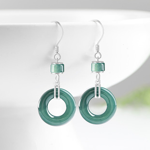 S925 Silver Inlaid Natural A Goods Jade Ring Blue Water Earrings Ice Jade Fashion Women's Earrings Earrings Earrings Ins