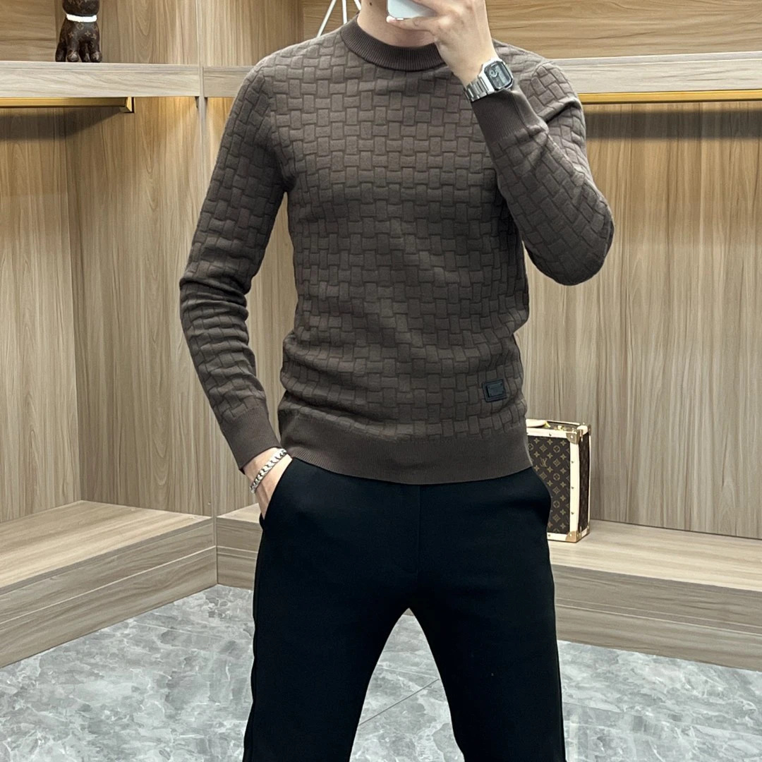 Fashionable Light Luxury Round Neck New Knit Sweater Autumn and Winter Casual Sweater Men's Slim Fit Long Sleeve Warm Versatile Base Layer
