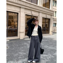 ThreeH 高克重~ 叠褶腰贴西装裤女春秋阔腿裤垂感拖地宽松休闲裤