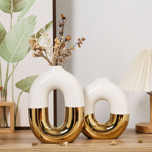 Luxury golden electroplated ceramic oval flower vase home craft art piece living room soft decoration 