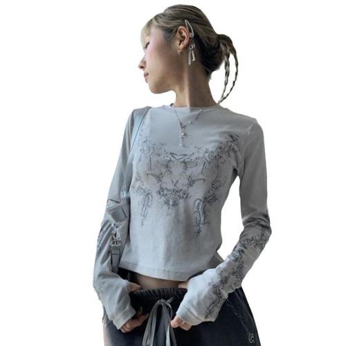 Y2K European & American 2025 Autumn Retro Streetwear Printed Personalized Daily Casual Long-Sleeve Crew-Neck T-Shirt Top for Women