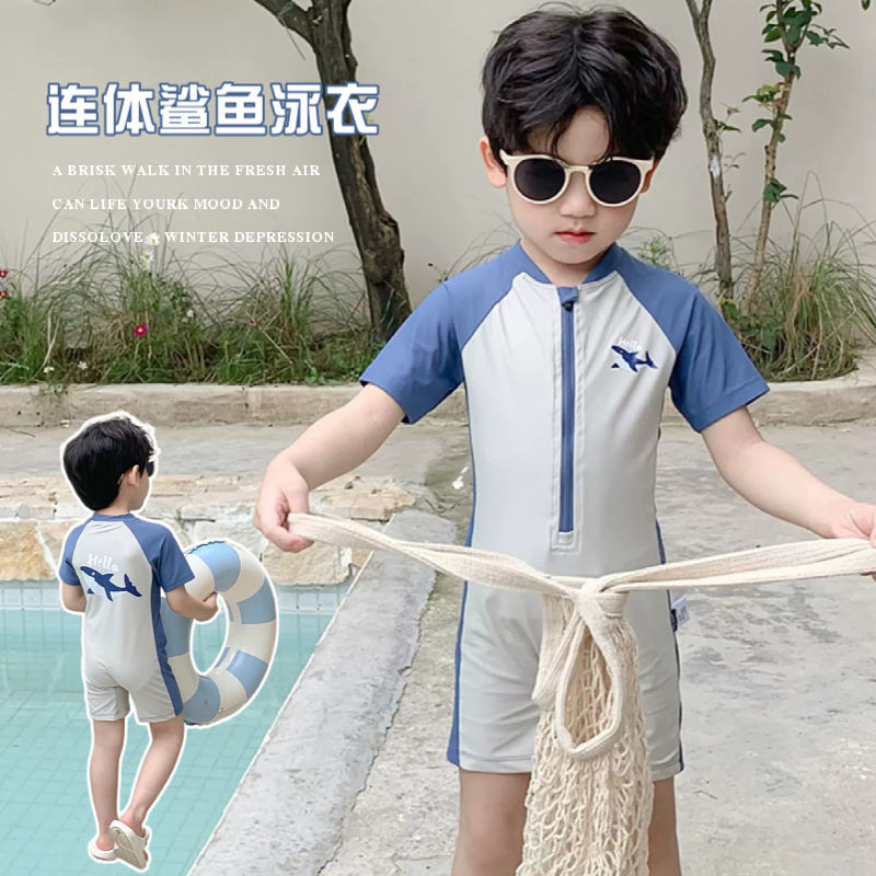 2026 Korean Children's One-Piece Swimsuit for Boys, Short-Sleeved Shorts, Swimming Training Swimwear, Beach Vacation Swimsuit