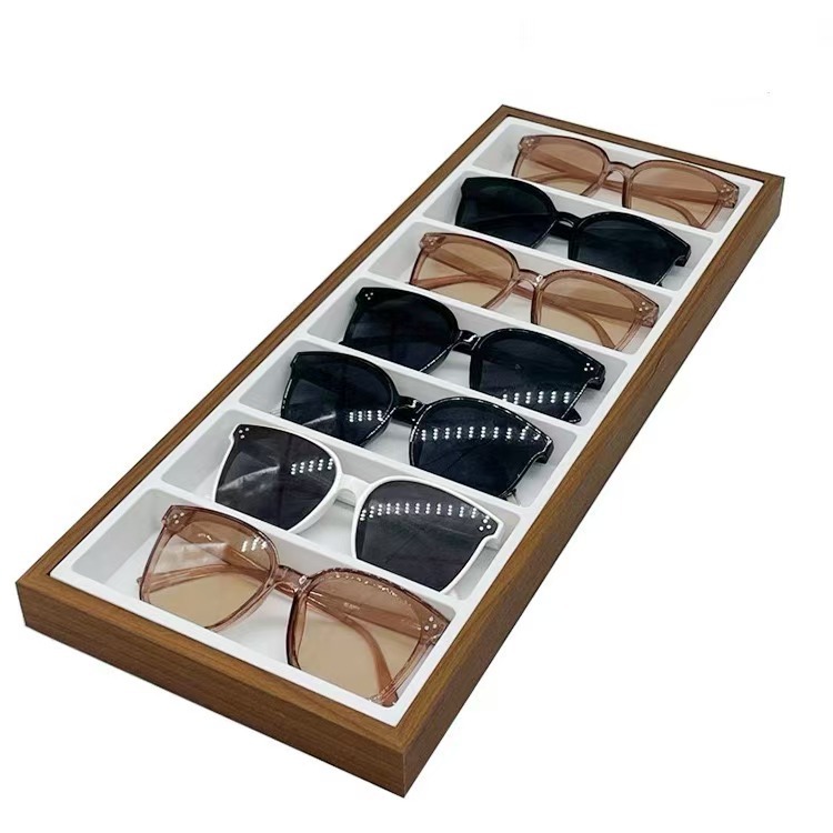 7칸 안경 디스플레이 스탠드, 블랙 월넛 무늬, 비즈니스 스타일, 나무 재질, 선글라스/안경 진열대, 소품/액세서리