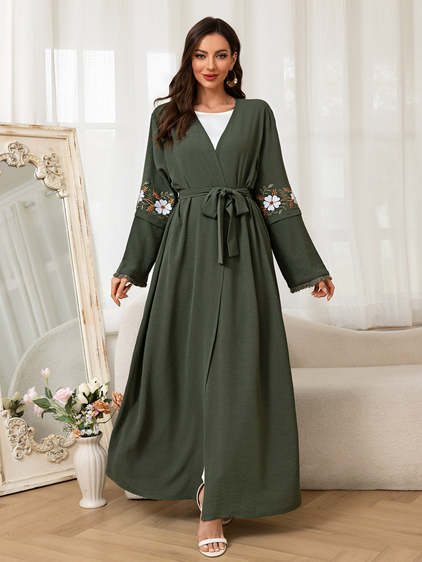 Модная длинная юбка, элегантный кардиган, пояс, платье, с вышивкой