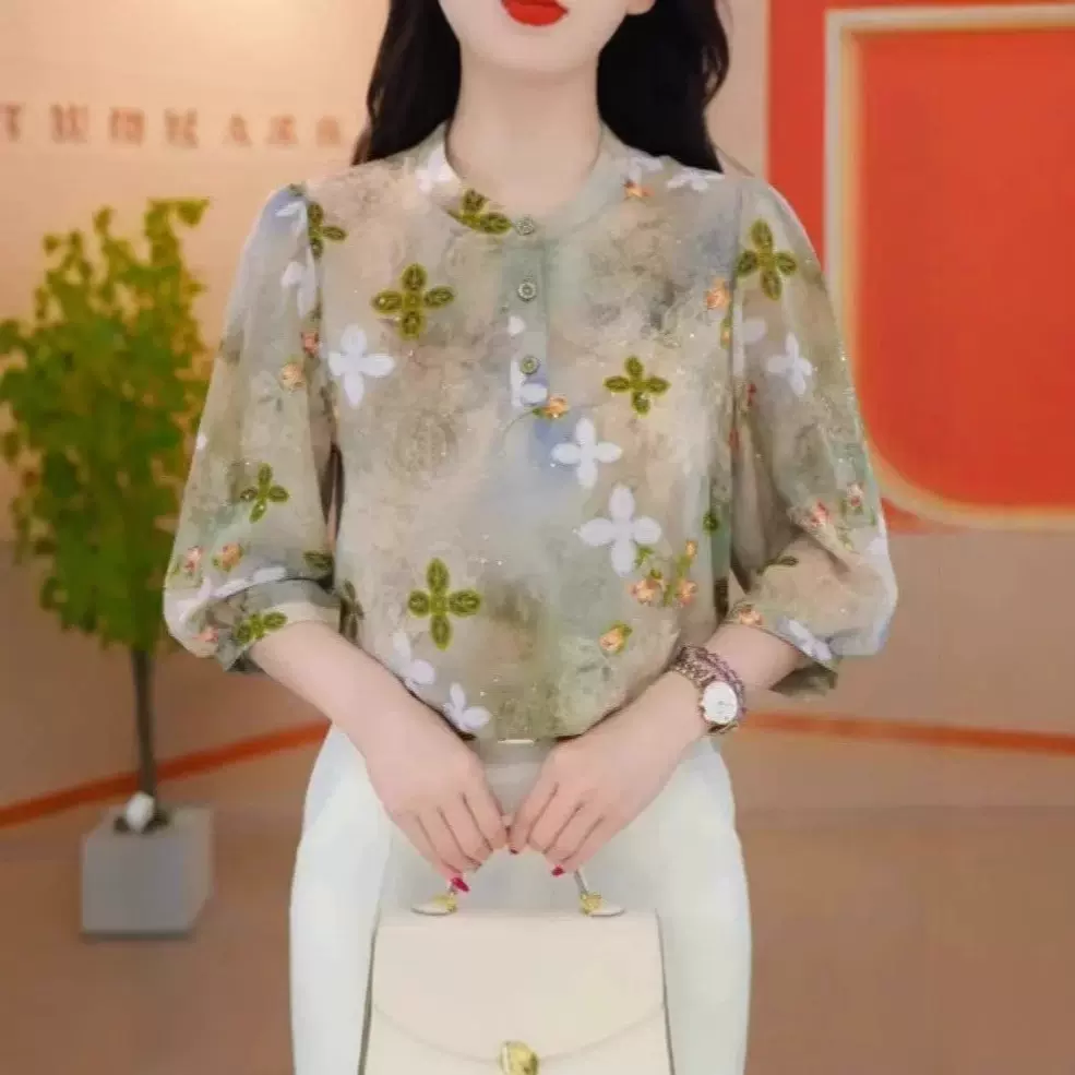 国风印花衬衫女夏季新款薄款时尚妈妈装洋气减龄小衫宽松遮肚上衣
