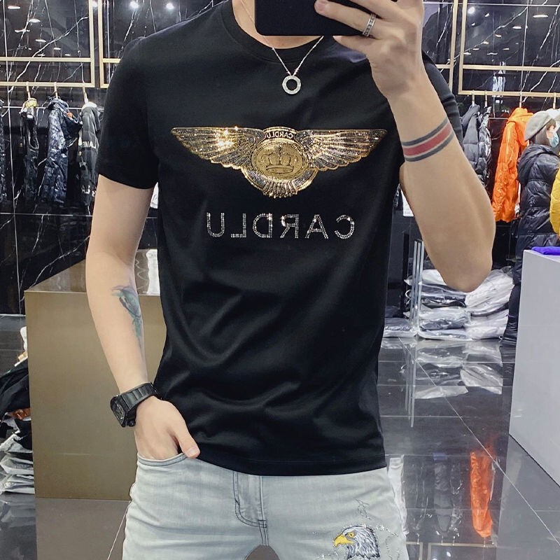 European Station Fashion Brand Summer New Men's Fashion European Laser Hot Drilling T-Shirt Men's Short-sleeved Silk Cotton Ice Silk European Station Fashion Brand Summer New Men's Fashion European Laser Hot Drilling T-Shirt Men's Short-sleeved Silk Cotton Ice Silk