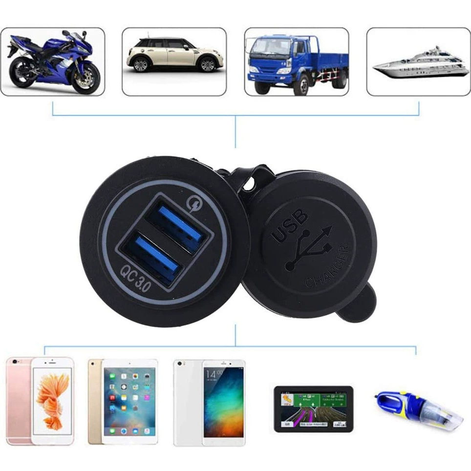 Автомобильный/мотоциклетный USB-зарядник с QC3.0, быстрая зарядка 12-24V