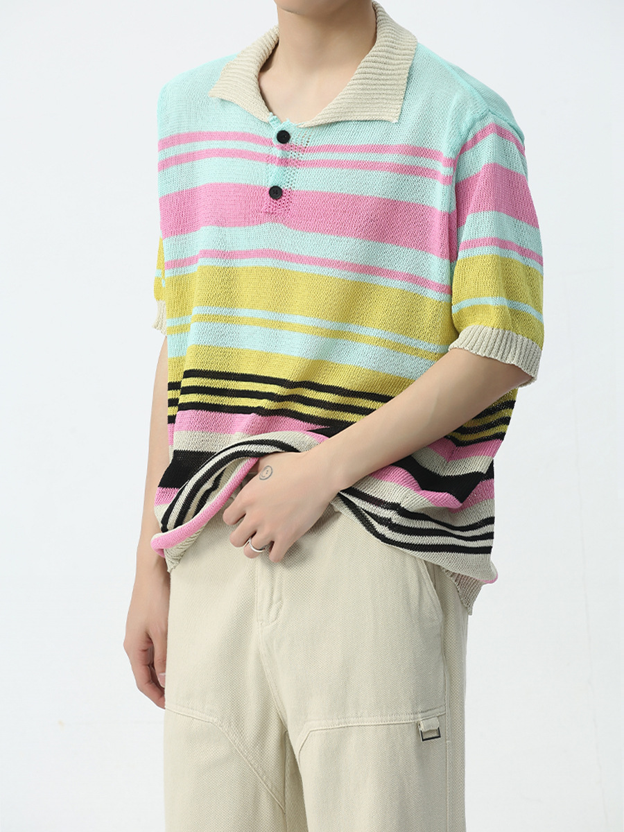 MTLCLOTHES para hombre | 2024 primavera nuevo producto japonés rayas contraste dopamina solapa suéter polo de punto