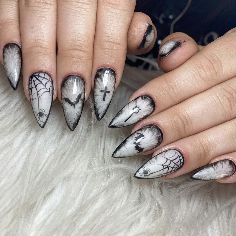 Halloween Wearable Almond-Shaped Black Smudged Spider Web Bat Print Removable Press-On Fake Nails