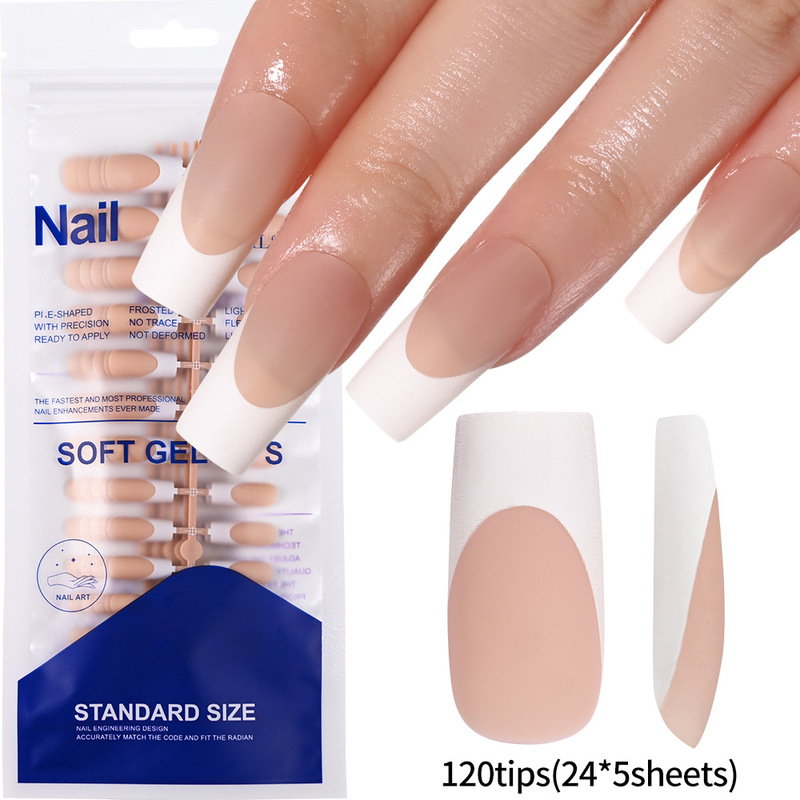 Popular Overseas 120-Piece Medium-Long Pink Nude French White Edge Press-On Nails in a Bag with Frosted Nail Tips