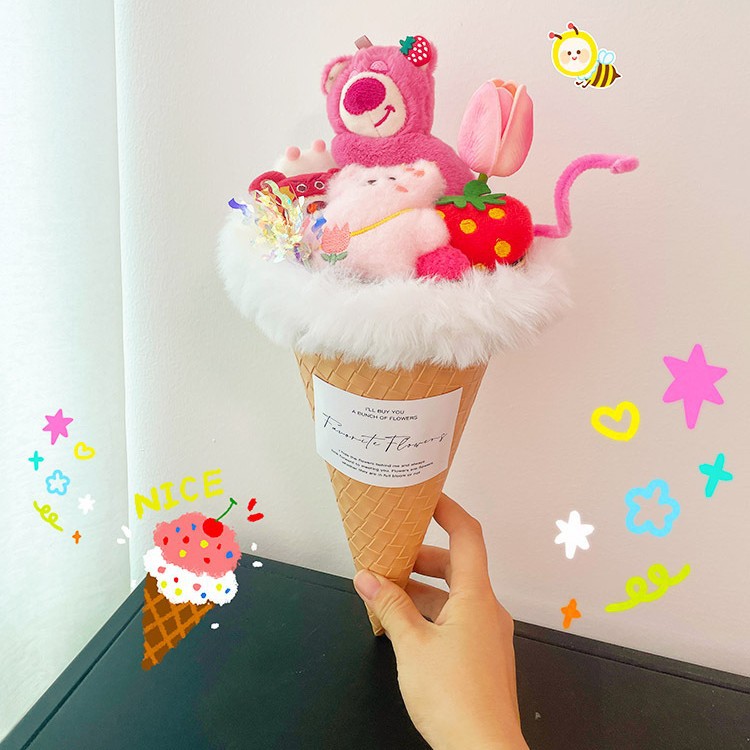 Envío de evento del Día de San Valentín chino, cumpleaños de niña, oso de fresa, casa de muñecas, ramo de muñecas, regalo de cumpleaños de mejor amigo