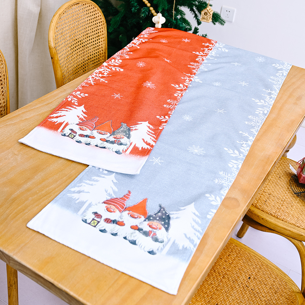 Décorations de Noël pour la maison et le jardin Chemin de table en forme de flocon de neige avec un vieil homme dans la forêt, nappe pour la maison, napperon imprimé_voghion.com