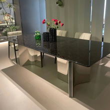 高端进口长方形奢石餐桌不锈钢黑金沙天然大理石2米铂金钻饭桌子