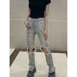 美式复古破洞直筒牛仔裤女夏季大码胖高腰宽松显瘦拖地窄版裤子