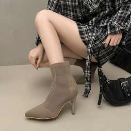 爆款瘦瘦高跟短靴女2025新款法式春秋单靴尖头细跟针织弹力靴袜靴