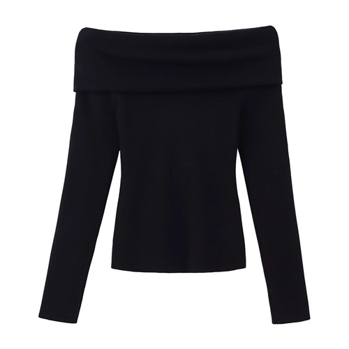 Gentle Clavicle One-Shoulder Pink Knit Sweater for Women - Autumn New Arrival Basic Crew Neck Off-the-Shoulder Top