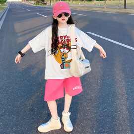 100%纯棉女童夏季短袖套装新款中大童韩版T恤短裤儿童运动两件套
