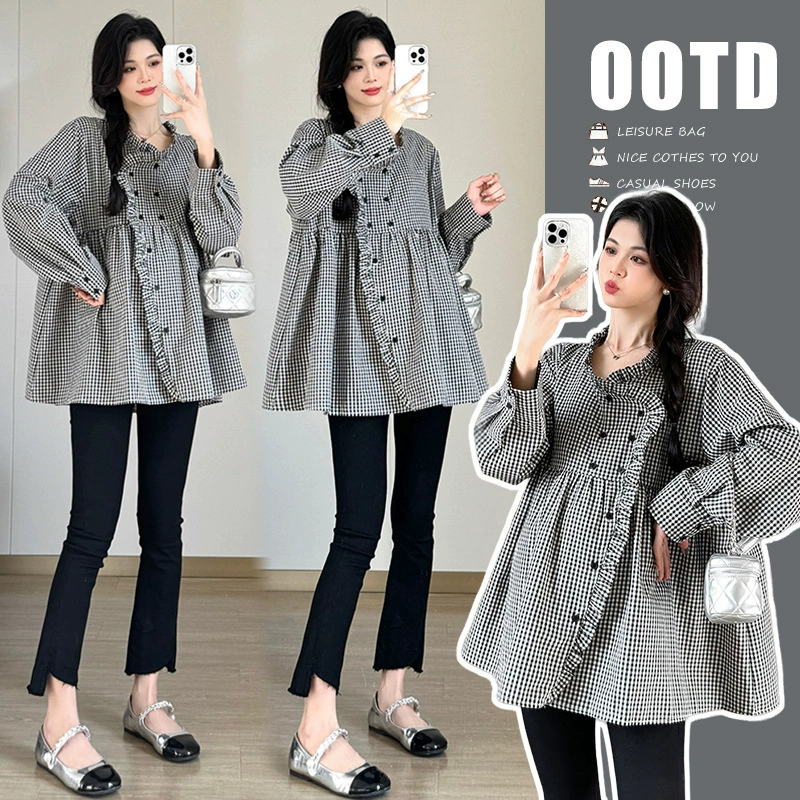 2024 Весенний и Осенний Одежда Для Беременных Одежда Новые Деревянные Уши Дизайн Нерегулярные Свободные клетчатые рубашки