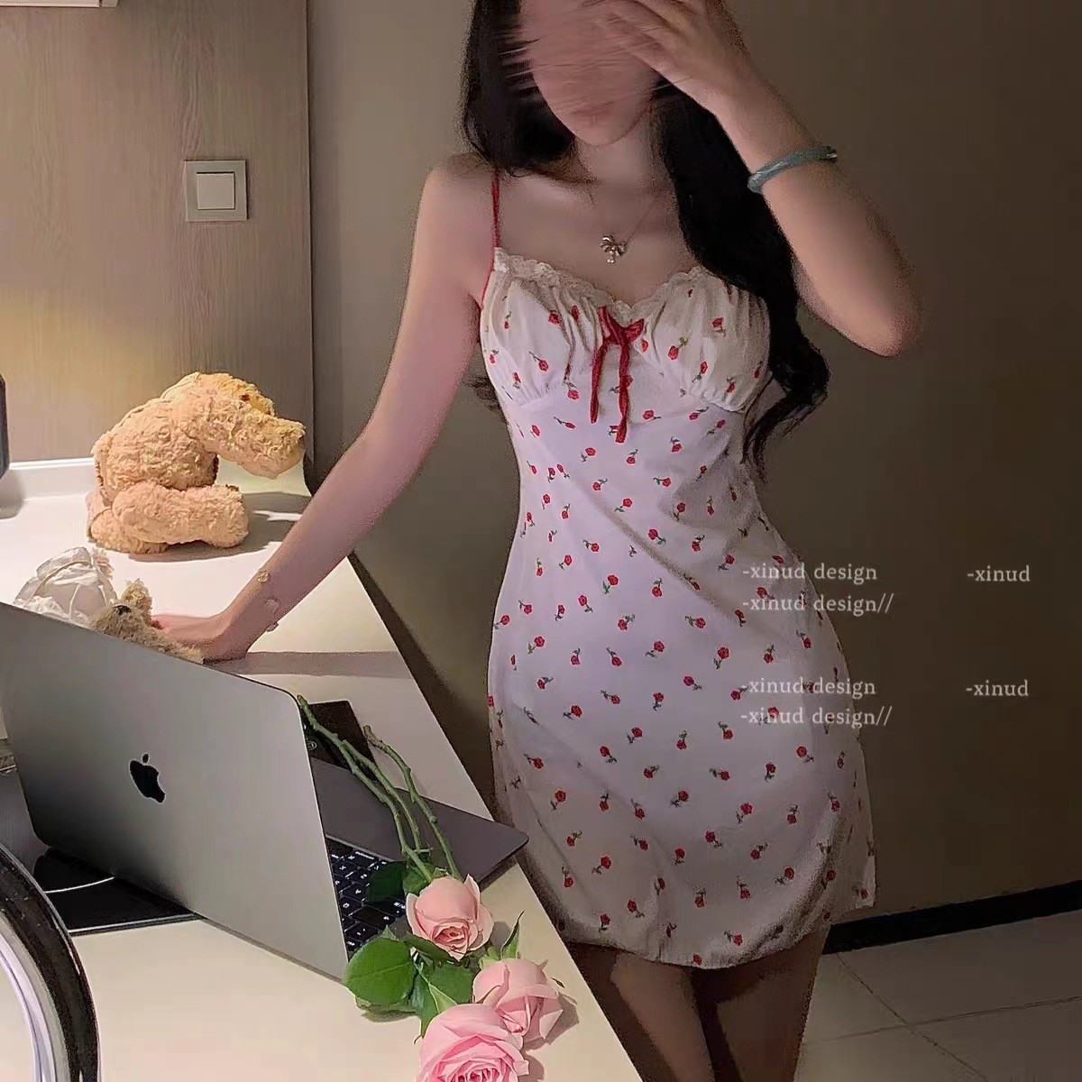Cherry Print Floral Suspender Nightgown with Chest Pads, Thin Summer Sleep Dress — detail image 4