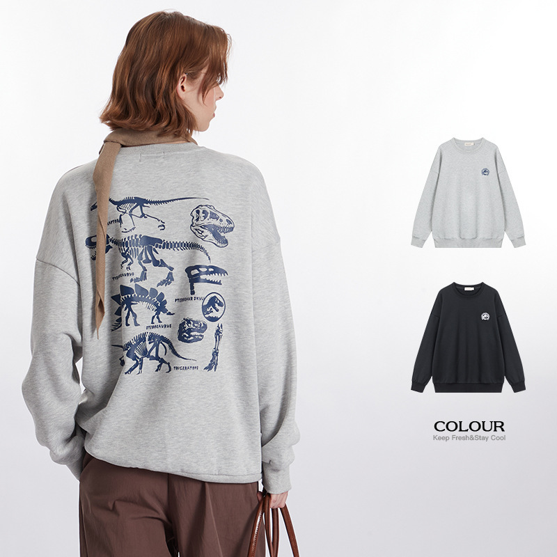 HeyHenry European and American Retro Dinosaur Printing Casual Loose Round Neck Couples Sweatshirt Autumn and Winter All-match Unisex