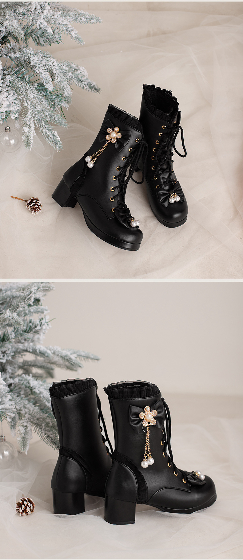 Female Bow Thick Heeled Short Boots Lolita Shoes