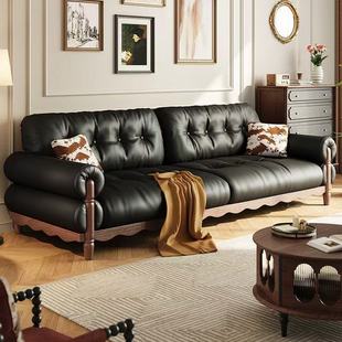 French Mid-Century Style Ash Solid Wood Sofa Living Room French Retro Wax Leather Home Small Apartment Villa Sofa