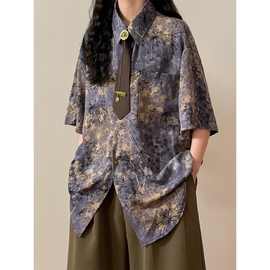 美式复古新中式蒲公英印花紫色短袖衬衫女夏季新款宽松别致上衣潮