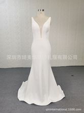 外贸出口简约crepe dress 深v无袖性感短拖尾婚纱