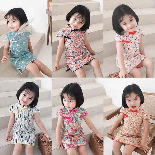 Girls' cheongsam children's cheongsam summer little girl's cheongsam dress Chinese style retro dress baby girl princess dress