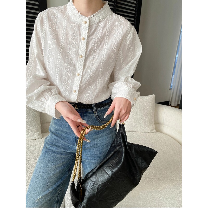 Sinan Early Spring New Style Gentle Style Heavy Embroidery Lace Trim Stand Collar Elegant Shirt All Cotton Sn8582