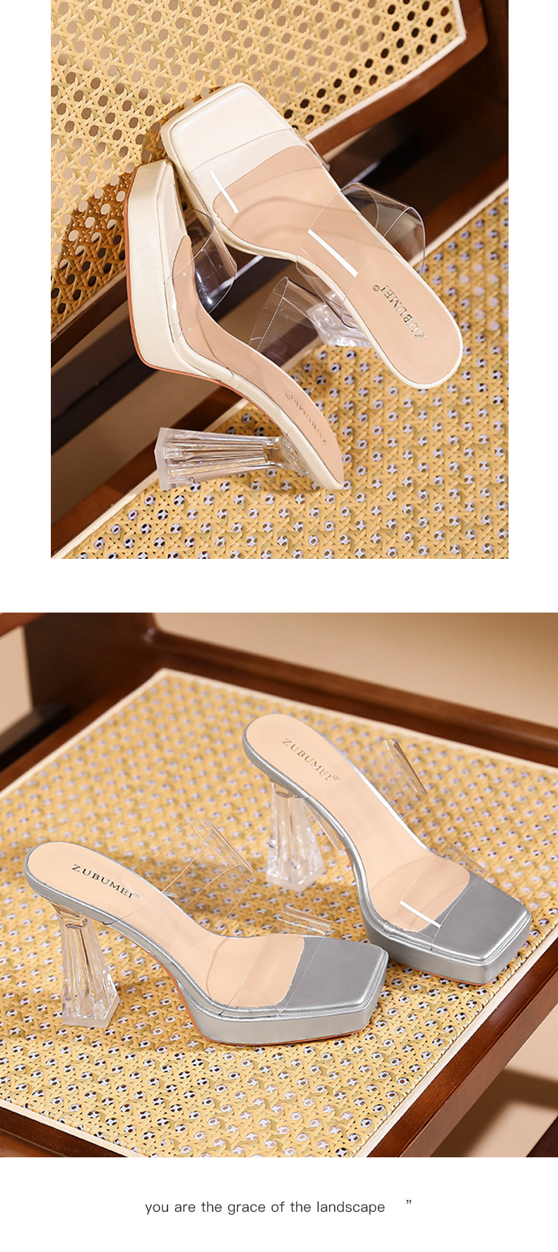 Sandal cao gót nữ quai ngang trong suốt mũi vuông gót nhọn 11 cm — Bạc-11cm chi tiết 9