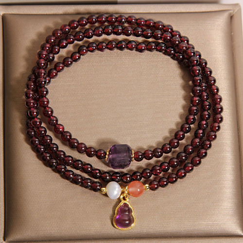 Natural Garnet Multi-layer Bracelet for Women, Light Luxury, Unique, High-end, Fortune-bringing and Luck-changing Amethyst Gourd Beads Bracelet