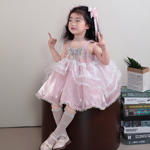 Lolita Princess Dress for Girls 2025 Children's Summer Trendy Pearl Straps Dress Birthday Formal Dress