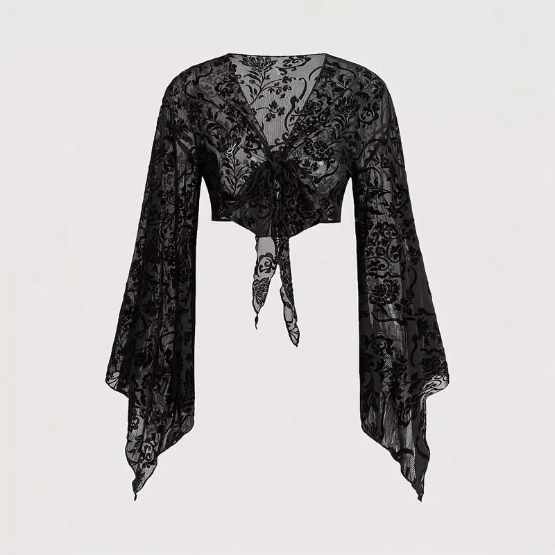 European and American Cross-border New Sexy Horn Sleeve Top Mesh All-match Lace-up Cardigan Short Navel Knit Sweater European and American Cross-border New Sexy Horn Sleeve Top Mesh All-match Lace-up Cardigan Short Navel Knit Sweater