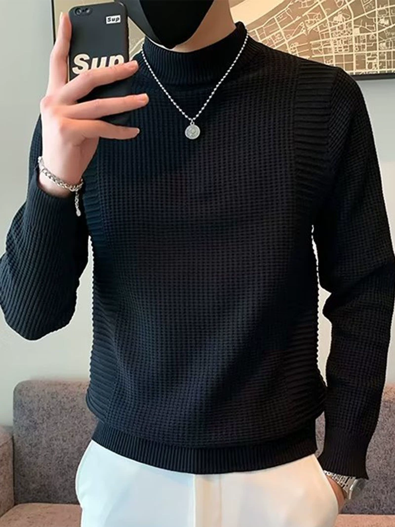 Мужской эластичный цветной вязаный демисезонный базовый свитер, slim fit