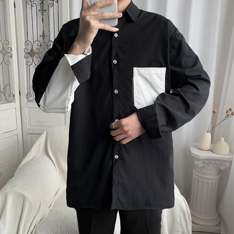 Men's Black And White Patchwork Long Sleeve Casual Shirt Trendy_voghion.com