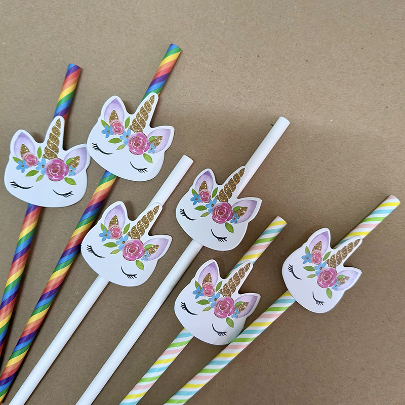 Decoración de fiesta de unicornio transfronterizo de papel arcoíris pajita desechable de cóctel degradable decoración de pastel