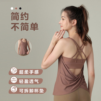 假两件连体背心高弹肤感瑜伽服上衣跑步健身瑜伽背心跨境带胸垫