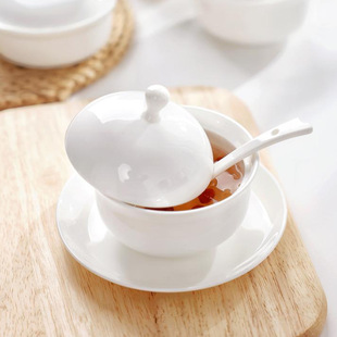 Jingdezhen Pure Steamed Egg and Fish Maw Stew Soup Cup, White Bone China Water-Proof Small Stew Cup with Lid, Ceramic Bird's Nest Soup