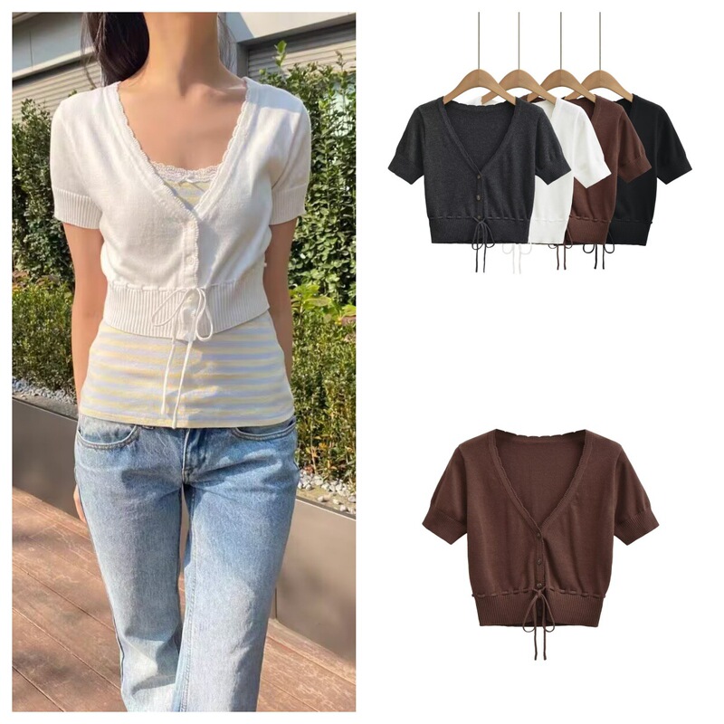 Hot Girl Style Lace Knitted T-Shirt for Women in Summer, High-Waisted, Slimming, Solid Color, Tie-Waist, Short-Sleeved Top, Cardigan
