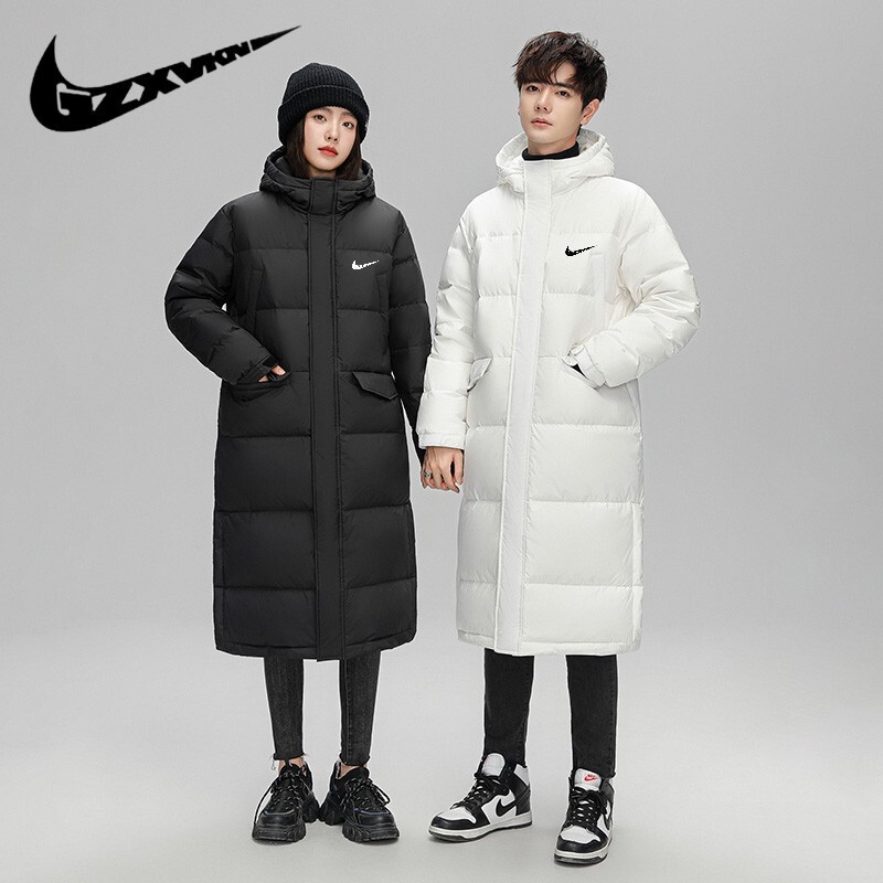 Winter Korean Mid-Length down Jacket for Men, Sports and Leisure, Long Over-The-Knee Thickeneded Couple Hooded Cold-Resistant Jacket for Women