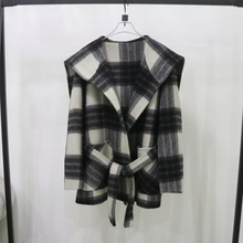 秋冬新款海军领双面羊毛大衣女短小个子连帽韩系复古格子毛呢外套