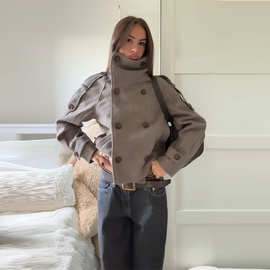 现货-春秋季欧美通勤风立领排扣短款呢子外套小个子女式跨境