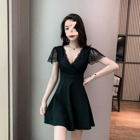 Nightclub Short Dress with Low-Cut V-Neck, Tummy-Concealing and Slimming Effect, Nightclub Workwear, Sexy Lace Dress Nightclub Short Dress with Low-Cut V-Neck, Tummy-Concealing and Slimming Effect, Nightclub Workwear, Sexy Lace Dress